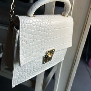 Sophisticated White Mini Crossbody Gold Chain Croc Texture Date Night